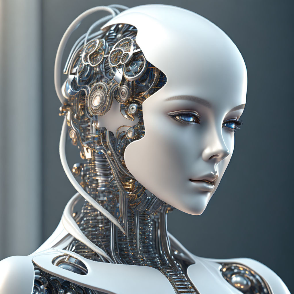 Detailed 3D humanoid robot with intricate mechanical head design