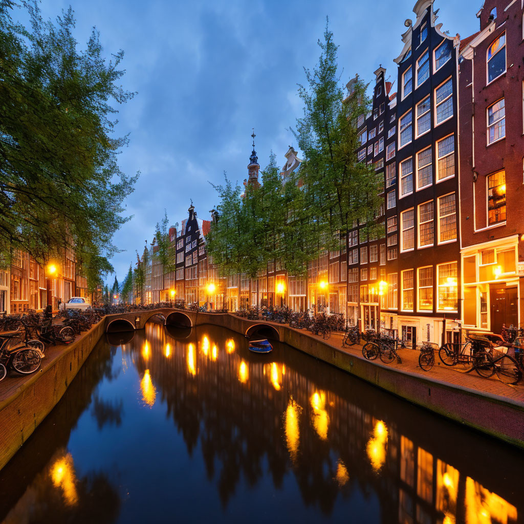 Amsterdam Canal at Twilight with Bicycles and Dutch Buildings