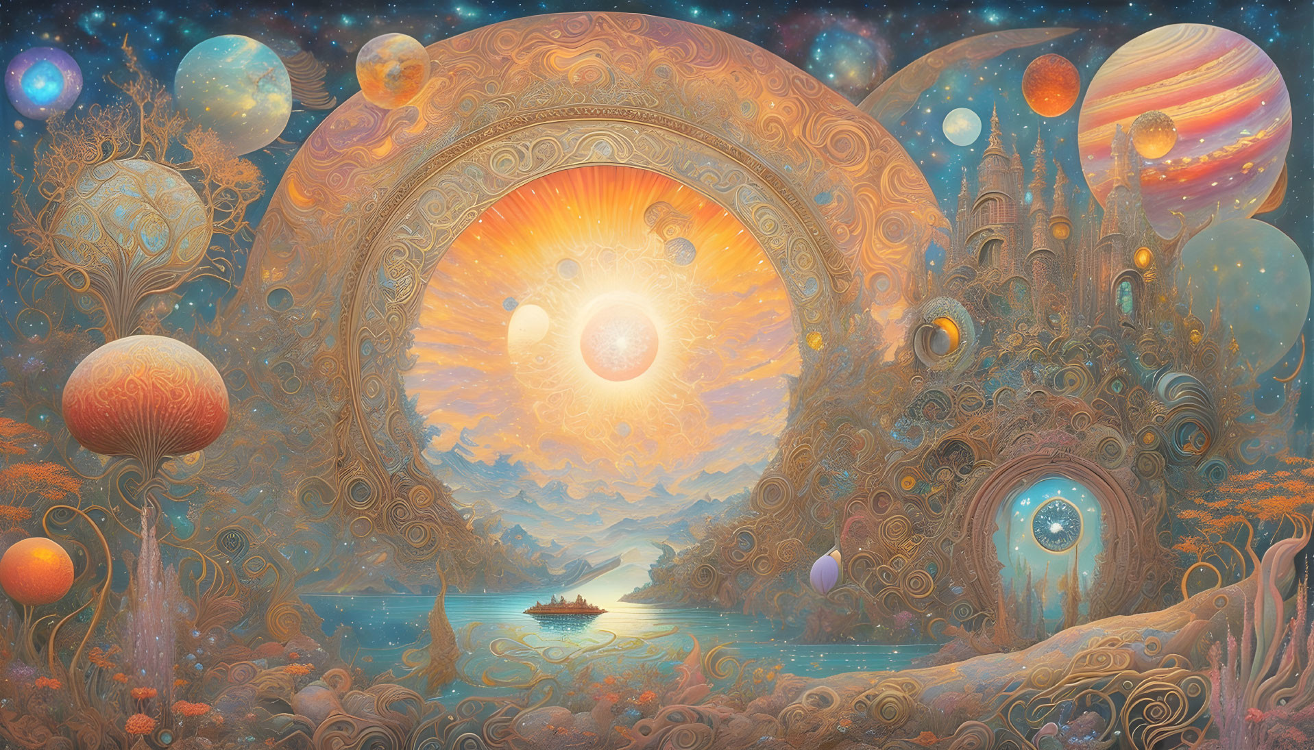 Vibrant surreal landscape with boat, planets, trees, and ornate gateways