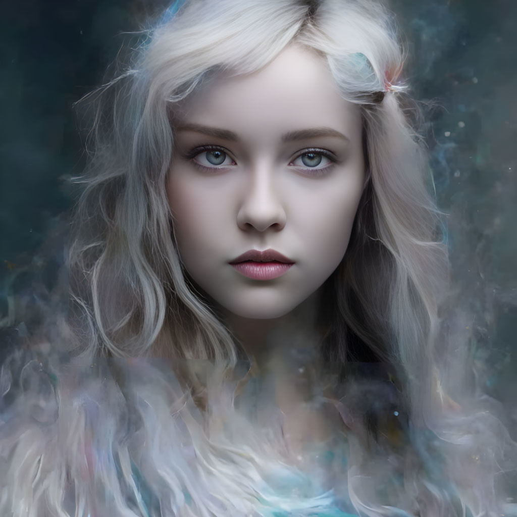 Young woman with blue eyes and wavy grey hair in misty ambiance