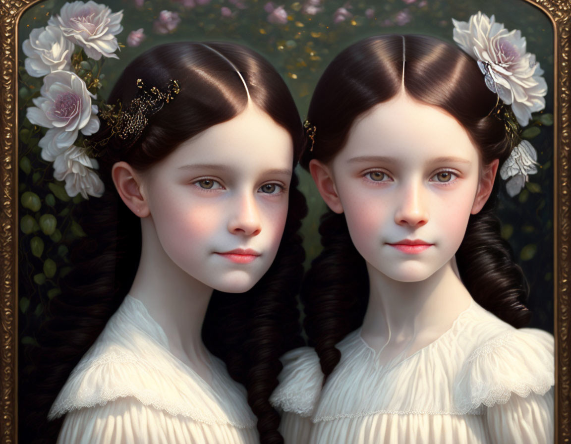 Identical girls in white dresses with elaborate hairstyles against floral backdrop