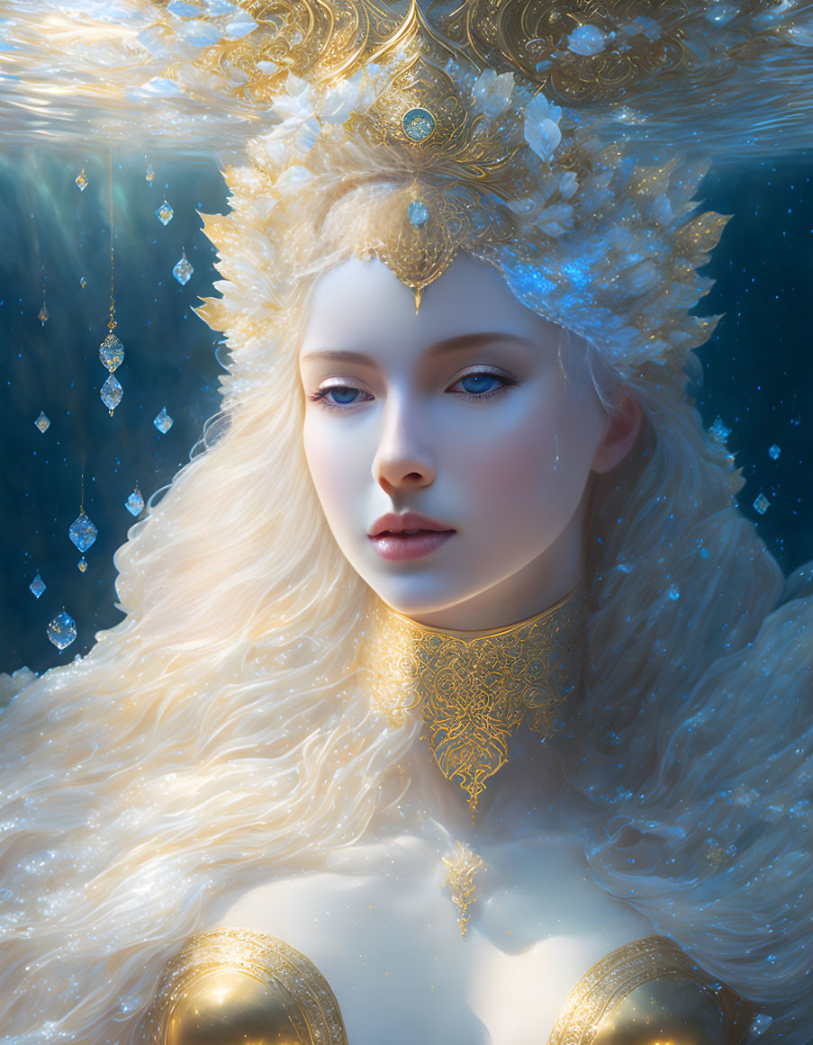 Fantasy portrait of woman with pale skin, blue eyes, golden crown, jewelry, against blue background