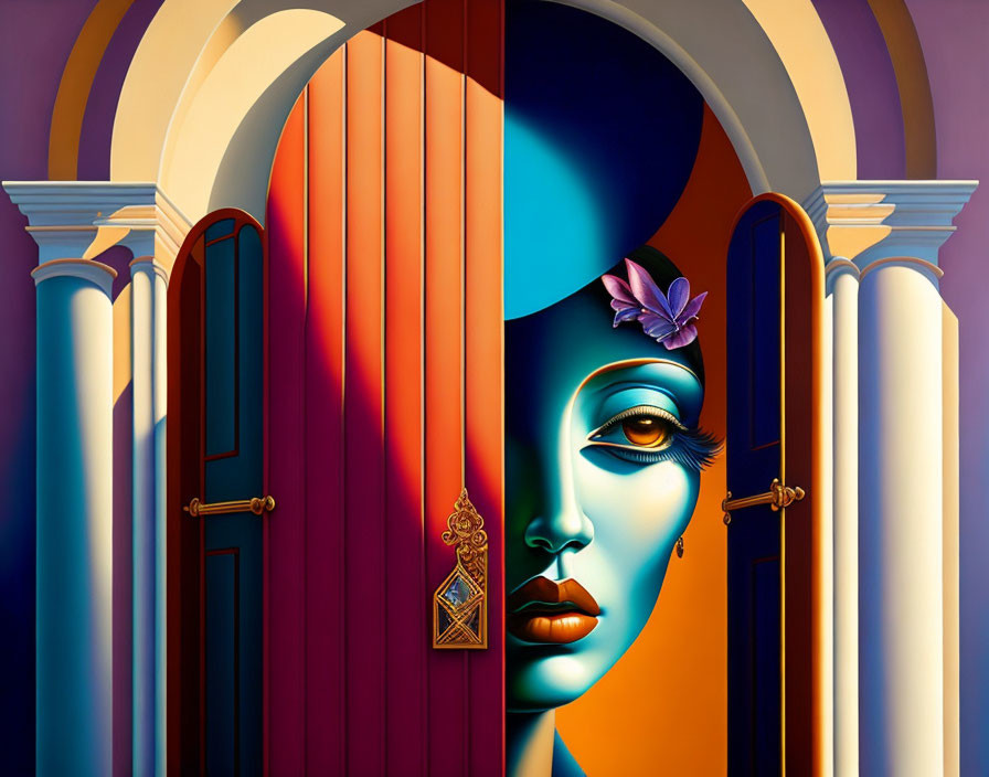 Colorful woman's face merged with door and butterfly in bold geometric design