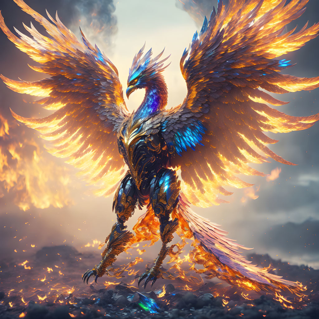 Majestic phoenix with fiery wings and iridescent feathers in flames