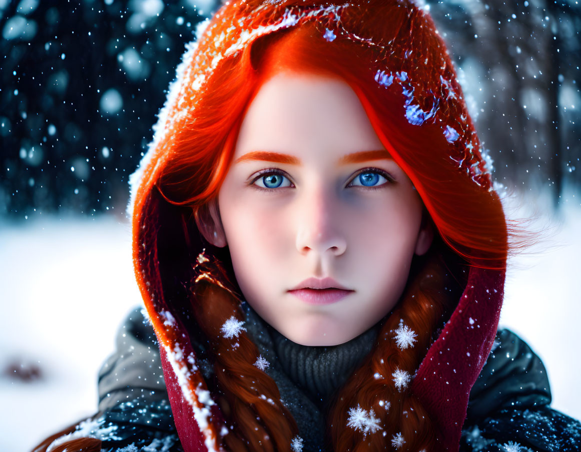 Red-Haired Girl in Snowy Scene with Blue Eyes