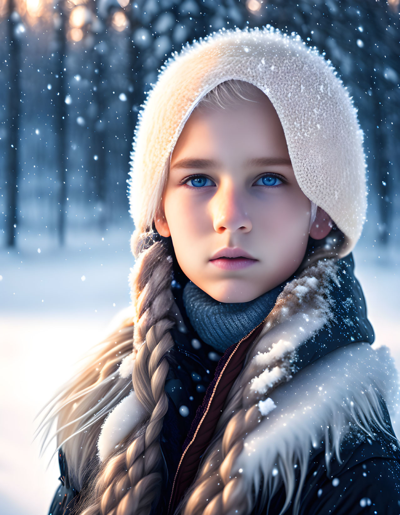 Young girl with blue eyes in white furry hat and winter coat amidst falling snowflakes