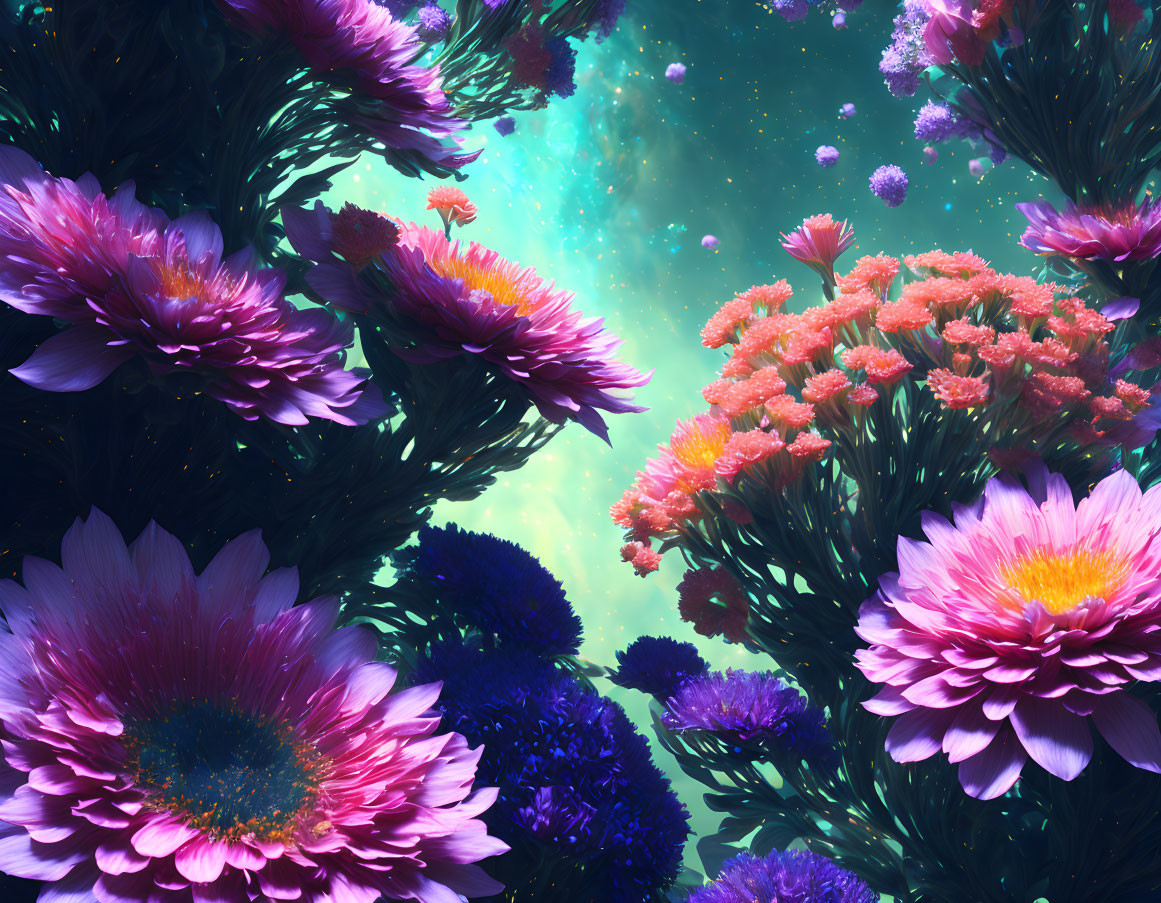 Colorful cosmic garden with purple and pink flowers under a starry teal sky