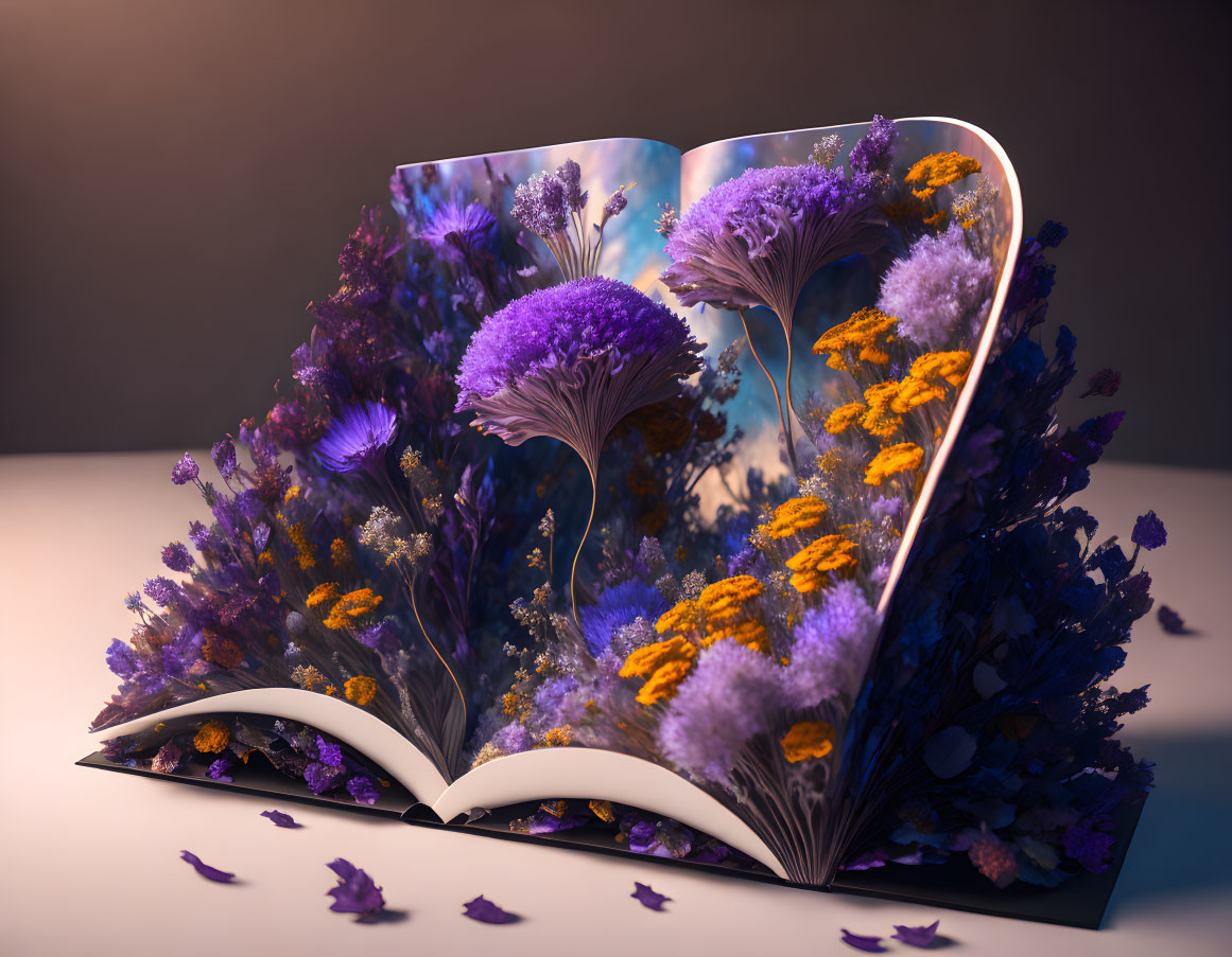 Open book with purple and yellow flowers - 3D picturesque scene