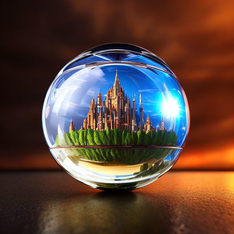 Crystal ball reflecting vibrant cityscape and lush greenery at sunset