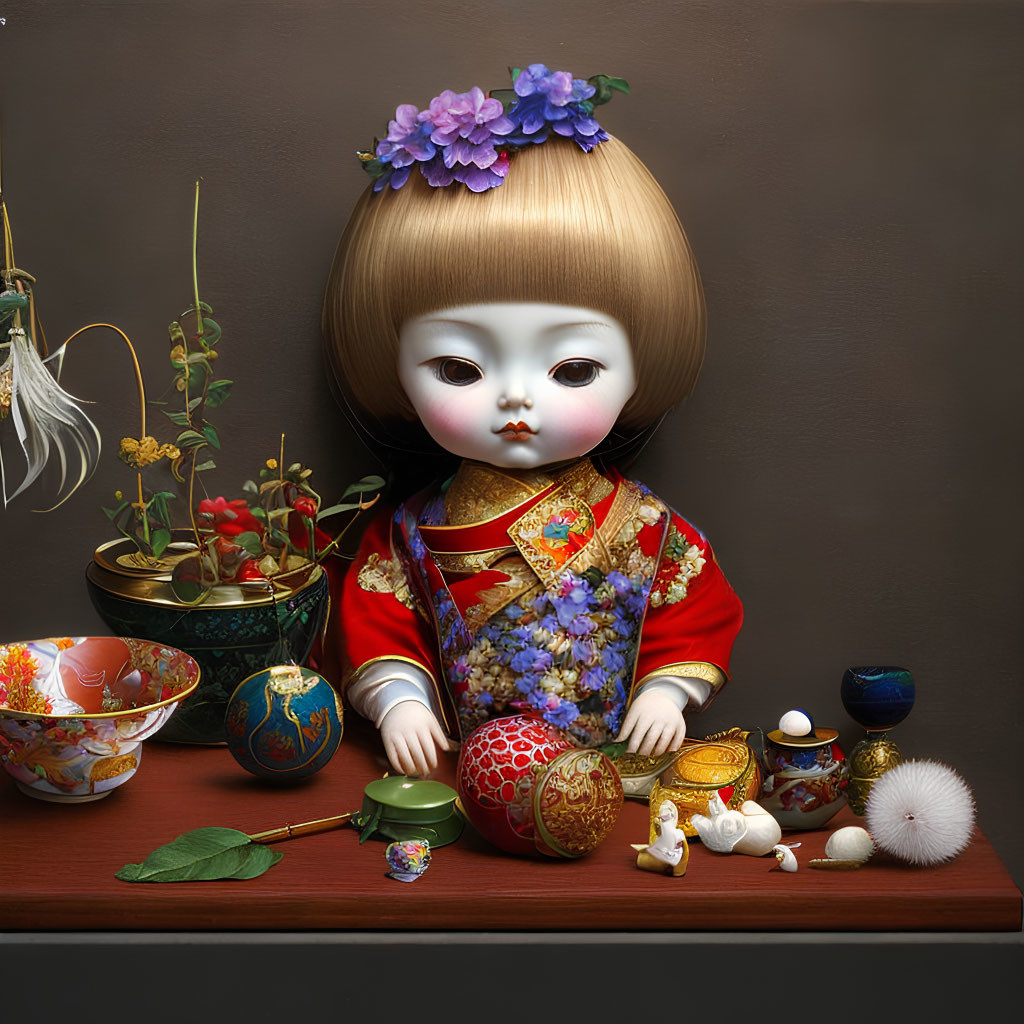 Digital art: Doll with large eyes in red kimono and blue flowers