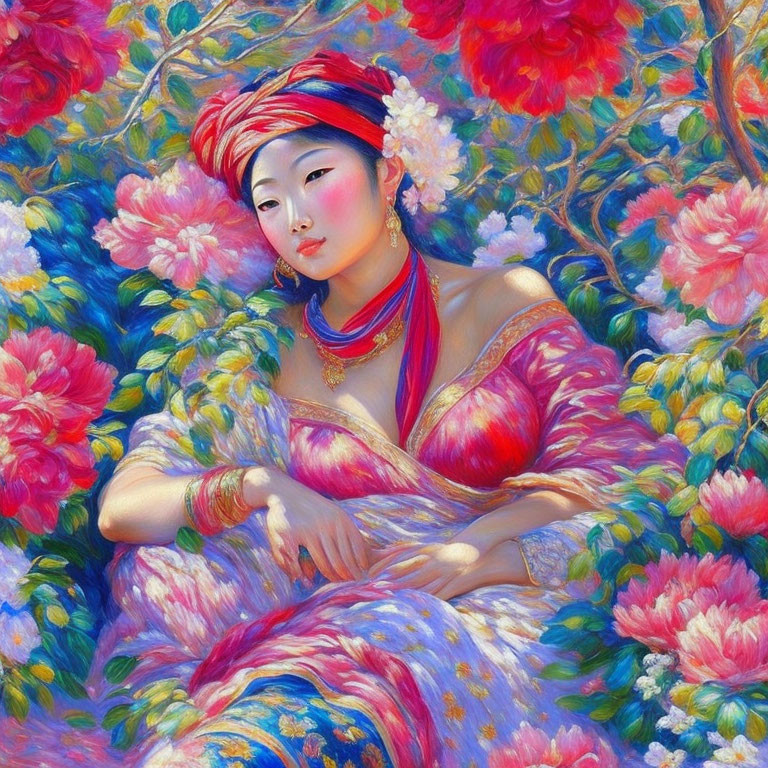 Asian woman in traditional attire with peonies and jewelry