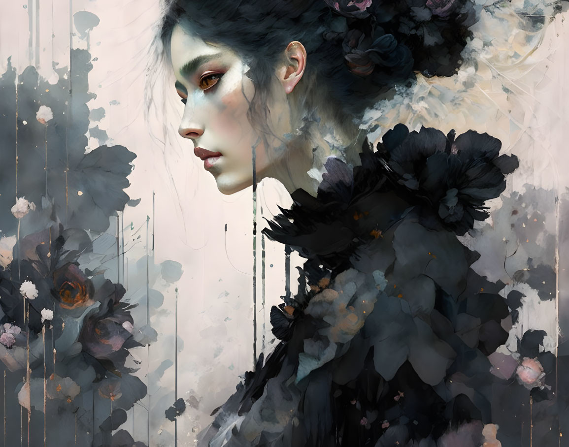 Ethereal woman with dark rose-like flowers in dreamlike digital painting