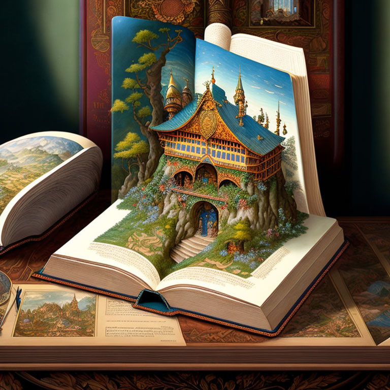 Illustrated 3D pop-up fantasy temple in open book surrounded by nature