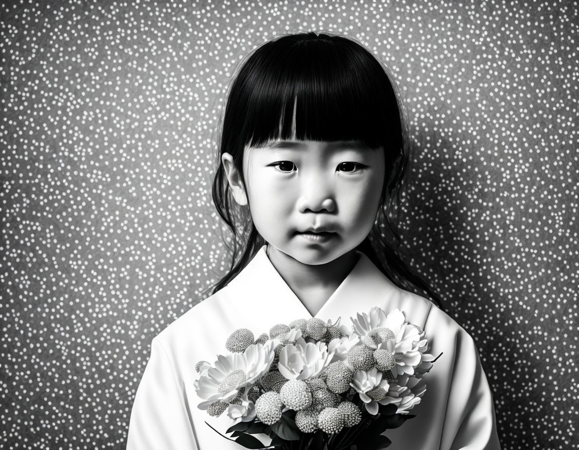 Young girl in traditional attire with bouquet on polka dot background