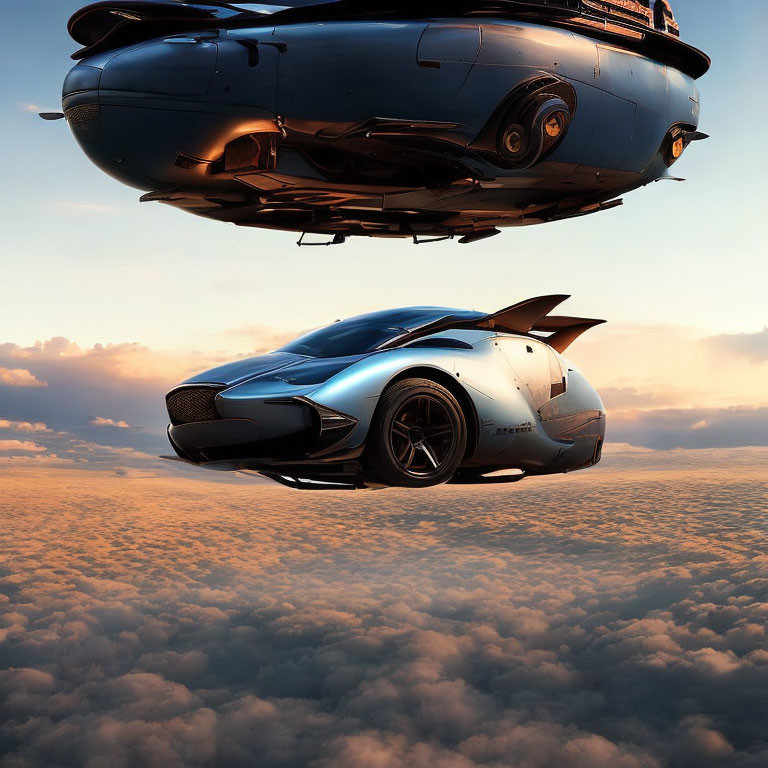 Futuristic flying car and dirigible in sunset sky