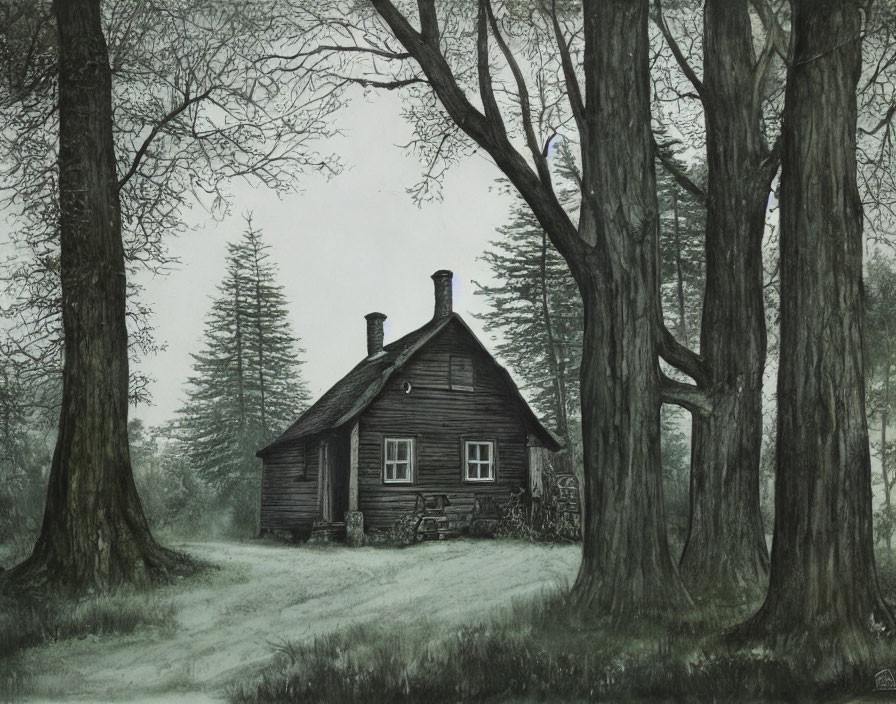 Monochromatic drawing of secluded forest cabin