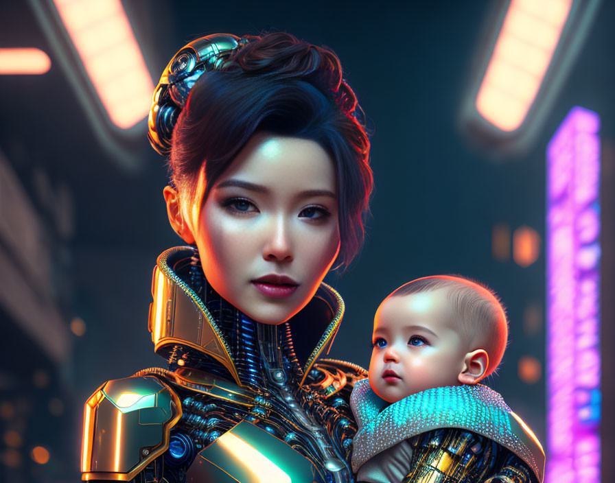 Futuristic woman with cybernetic enhancements holding a baby in neon-lit cityscape