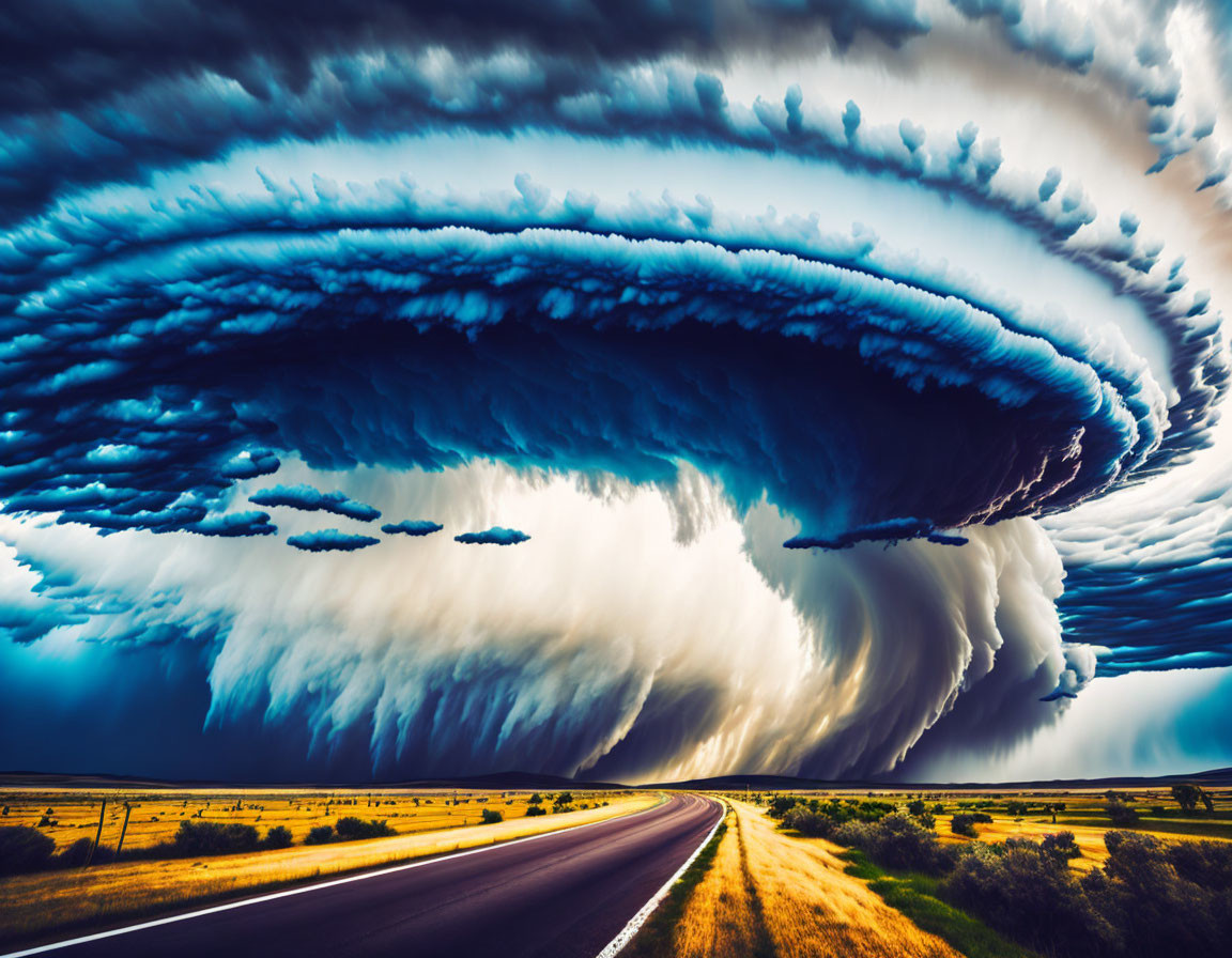 Vibrant supercell thunderstorm over deserted highway