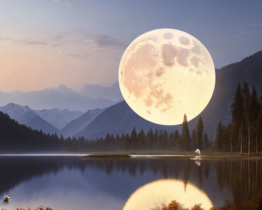 Tranquil lake scene with full moon, mountains, and swans at dusk