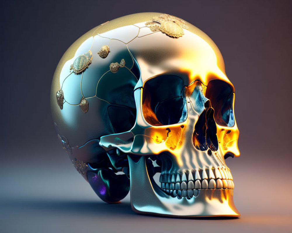 Surreal skull with gold-tone and multicolored texture and intricate patterns