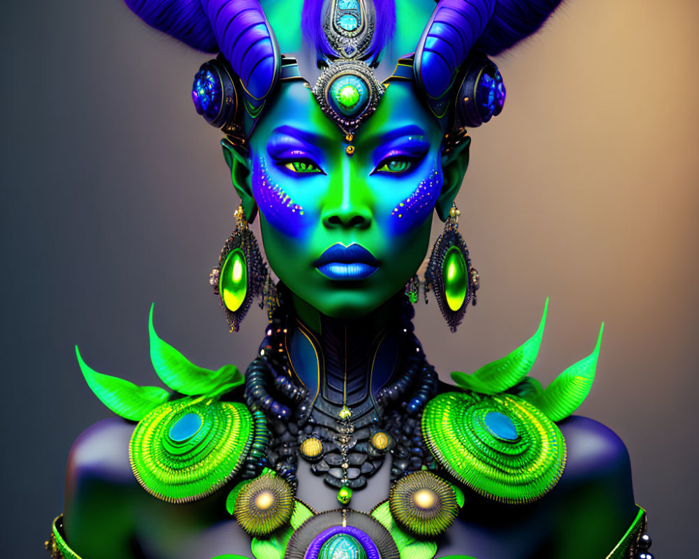 Colorful 3D illustration of alien with blue skin and intricate headgear against gradient backdrop