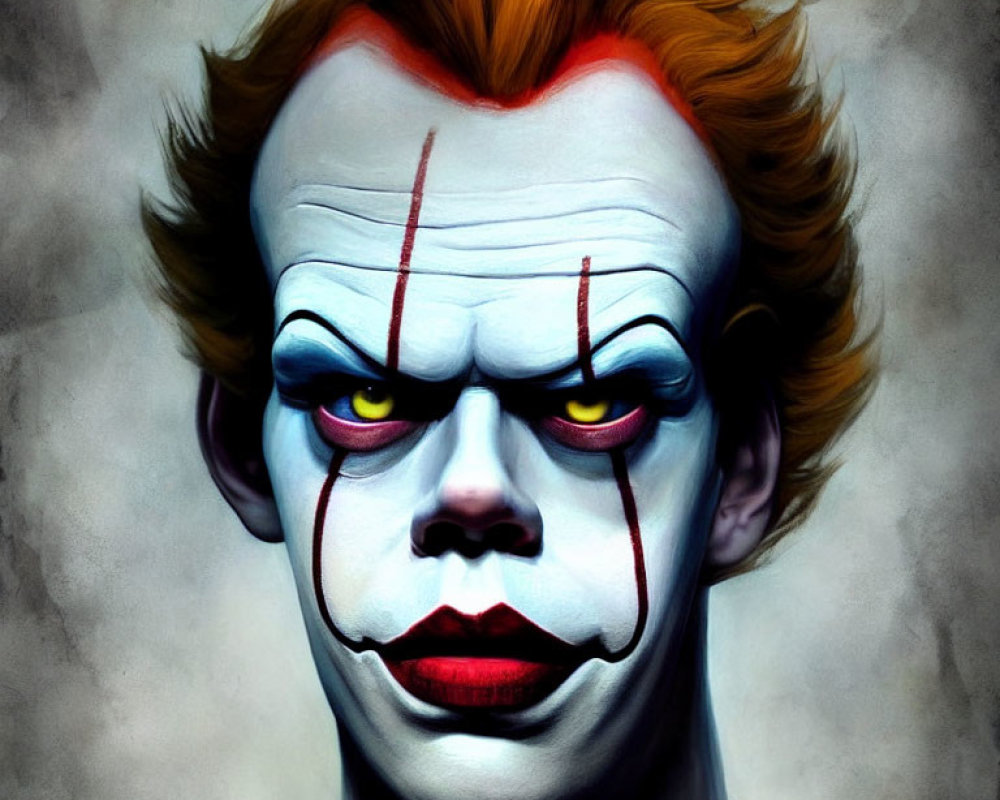 Vivid portrait of a person in clown makeup with red hair and white face paint