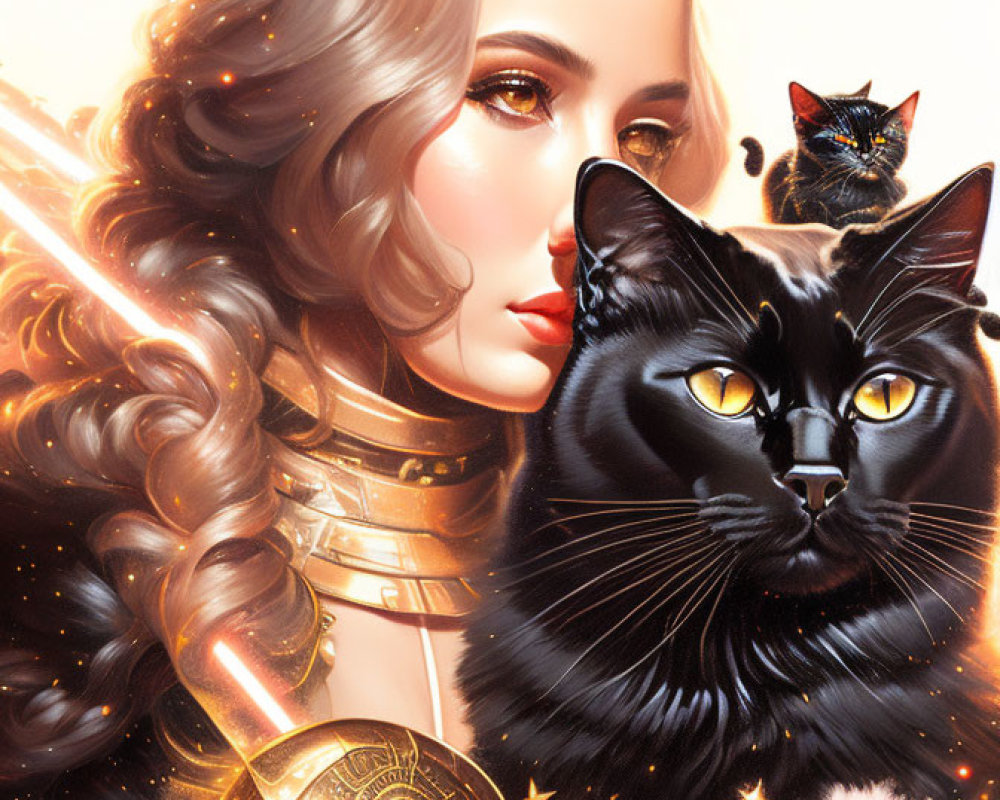 Blonde-haired woman in golden armor with black cat companion