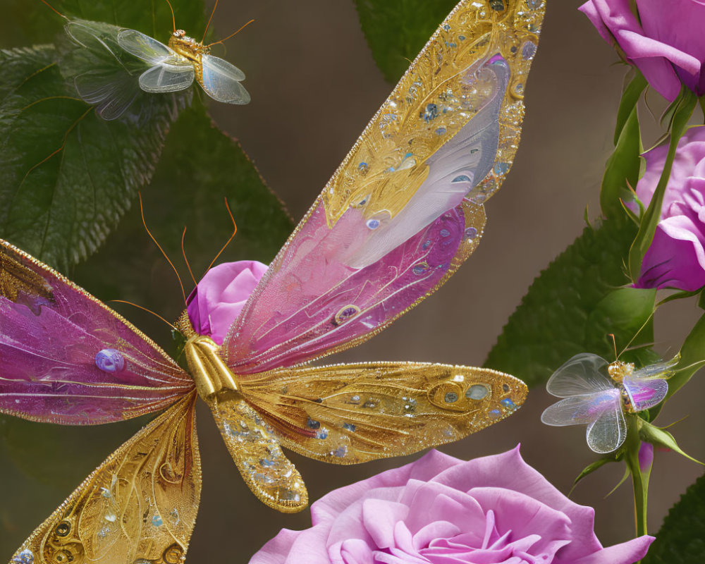 Digital artwork of vibrant butterflies on pink roses