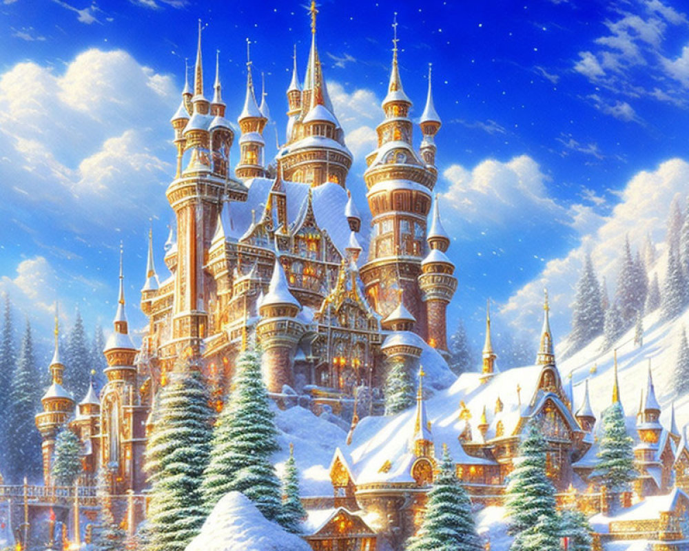 Snowy Winter Castle Illuminated by Golden Lights