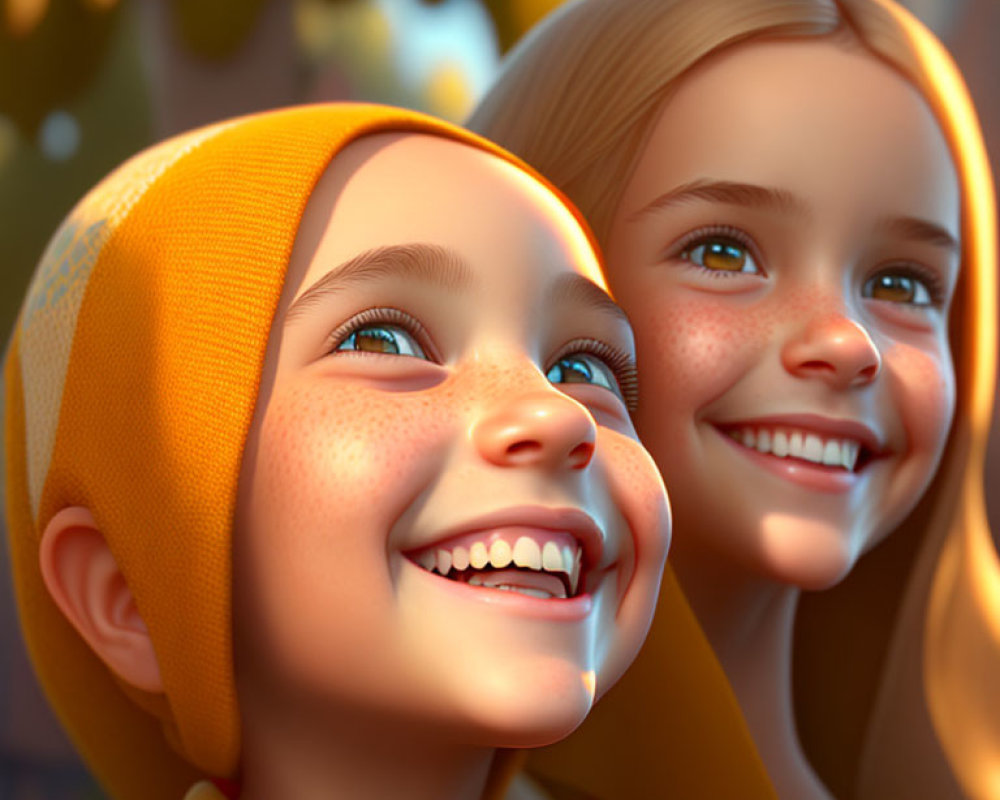 Radiant Smiling Children Gazing Upwards in Warm Light