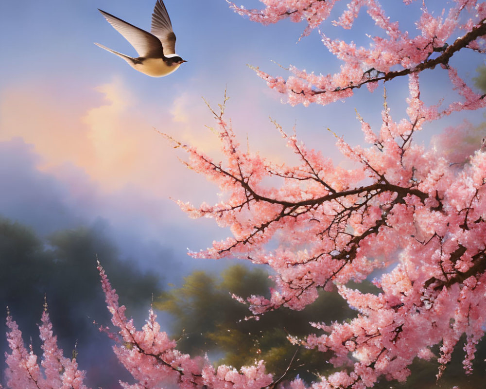 Bird flying among pink cherry blossoms at sunrise with soft clouds.