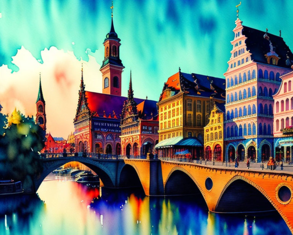 European town painting with bridge, colorful buildings, and river reflection