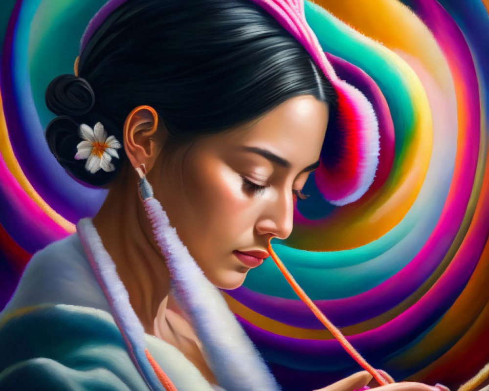 Profile view of woman in pink head towel and blue robe against colorful background with paintbrush.