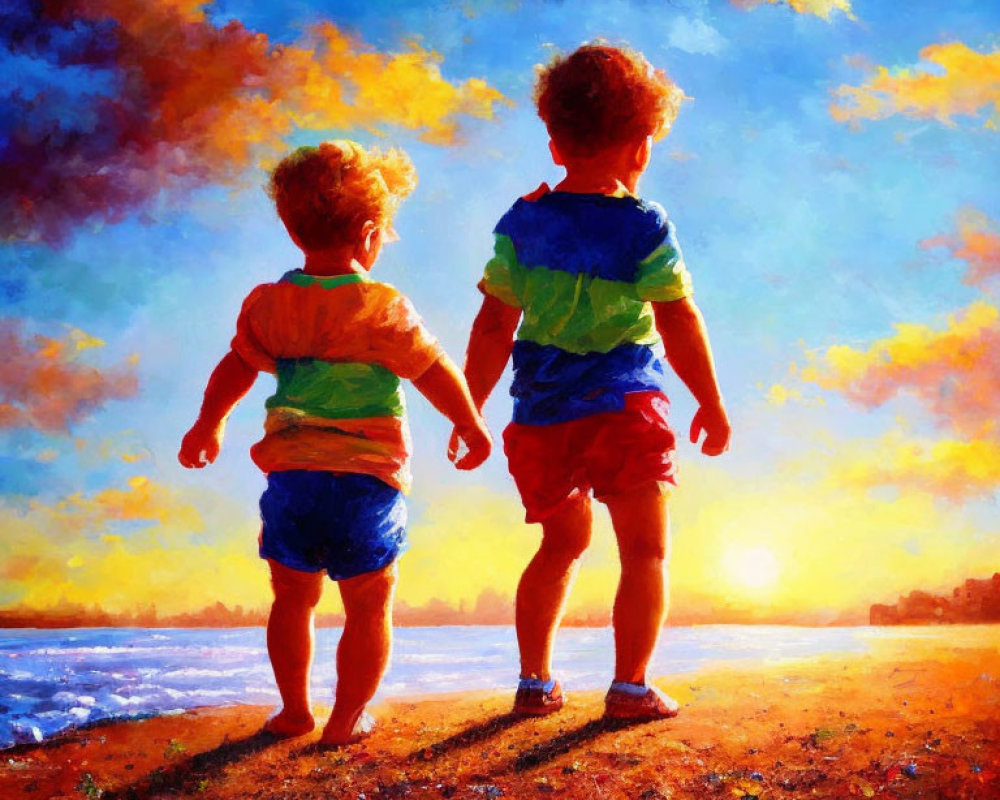 Children holding hands at sunset on beach with warm clouds and glistening water.