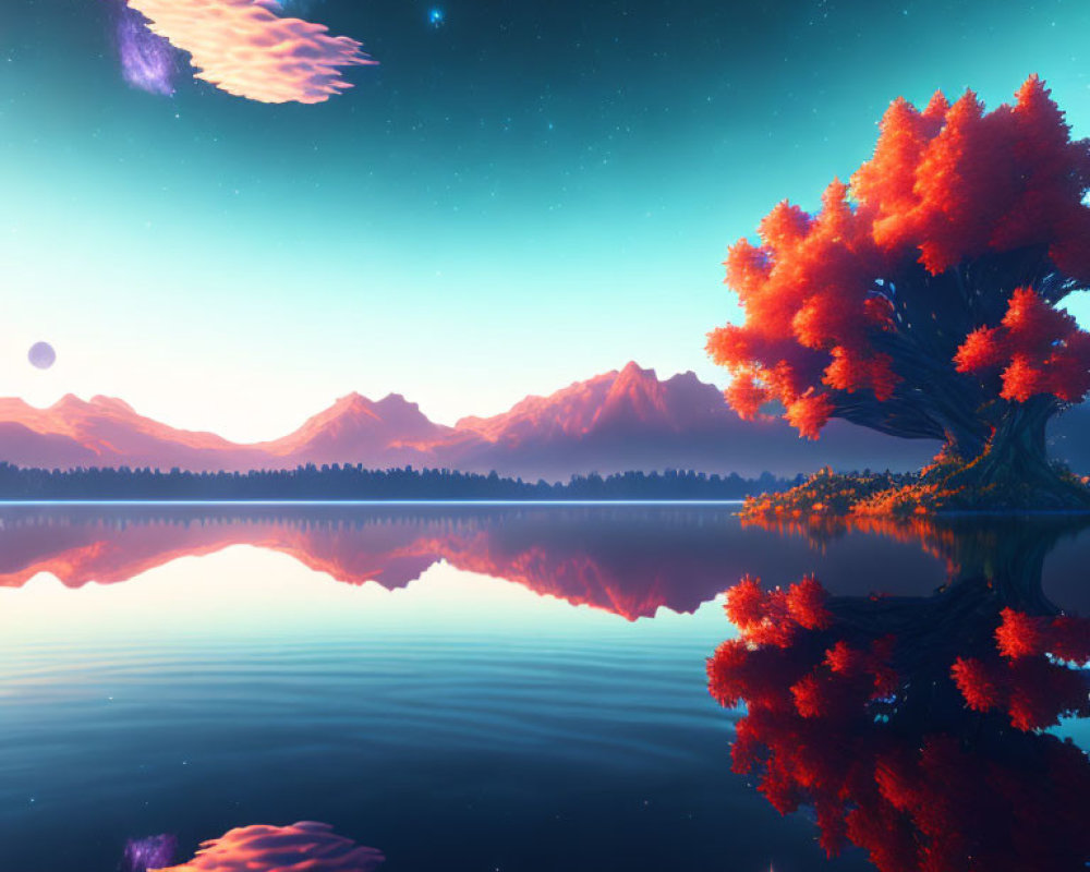 Colorful alien landscape with orange tree, lake, mountains, starry sky.