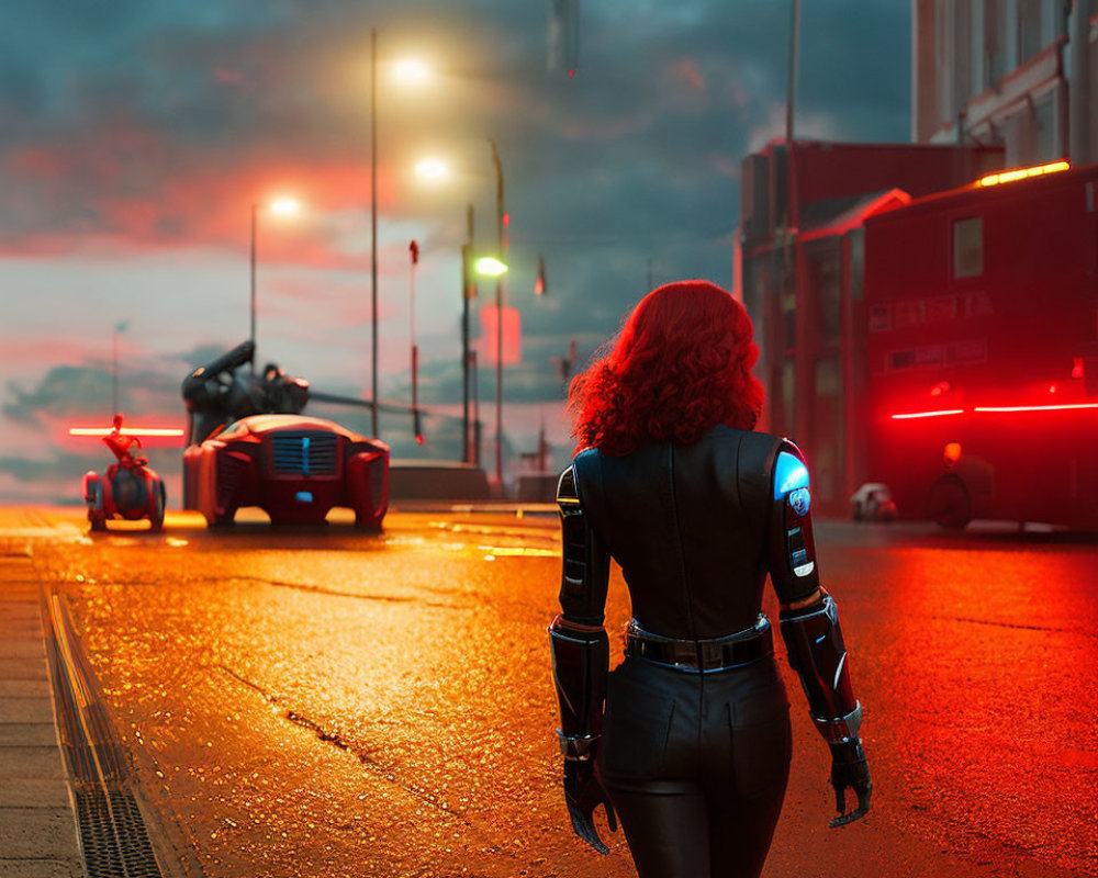 Red-haired woman in futuristic suit near motorcycle in neon-lit futuristic city