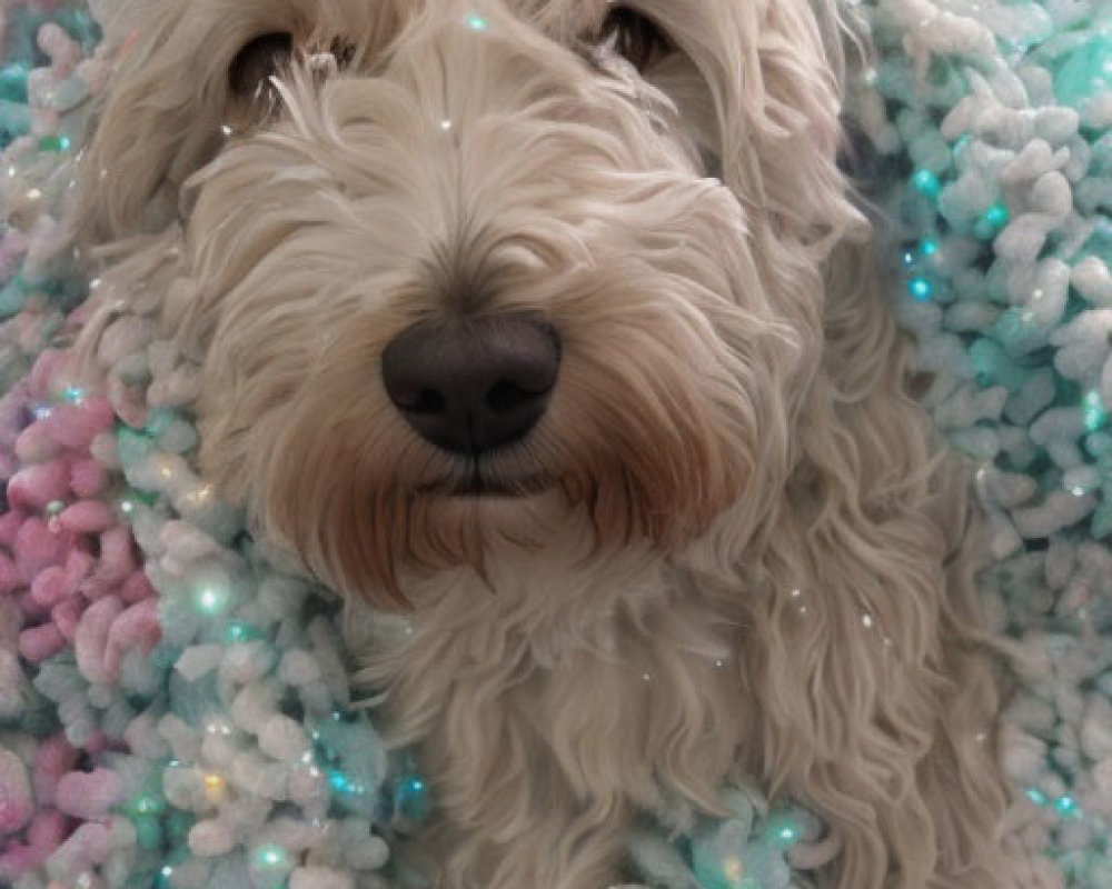 Fluffy white dog in shaggy coat under multicolored knitted blanket