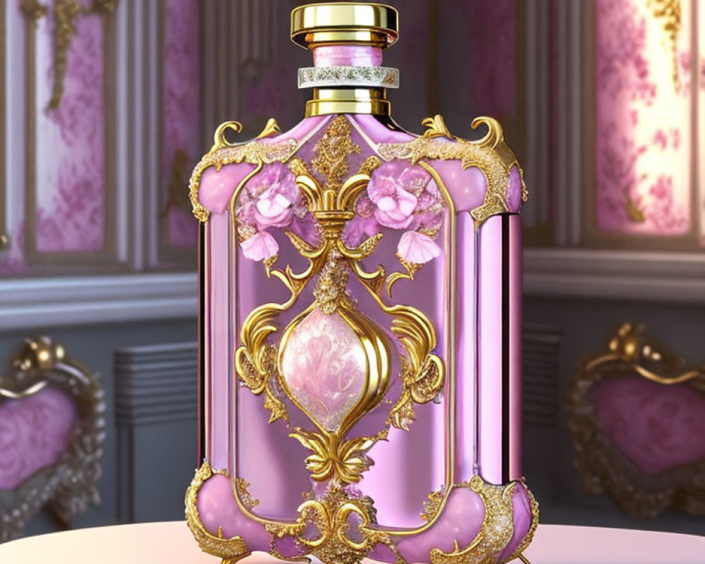 Luxurious Pink and Gold Room Background with Ornate Perfume Bottle