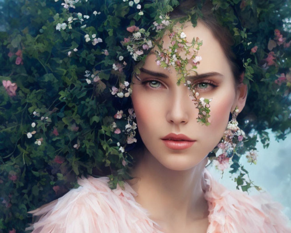 Portrait of Woman with Floral Adornments and Green Eyes