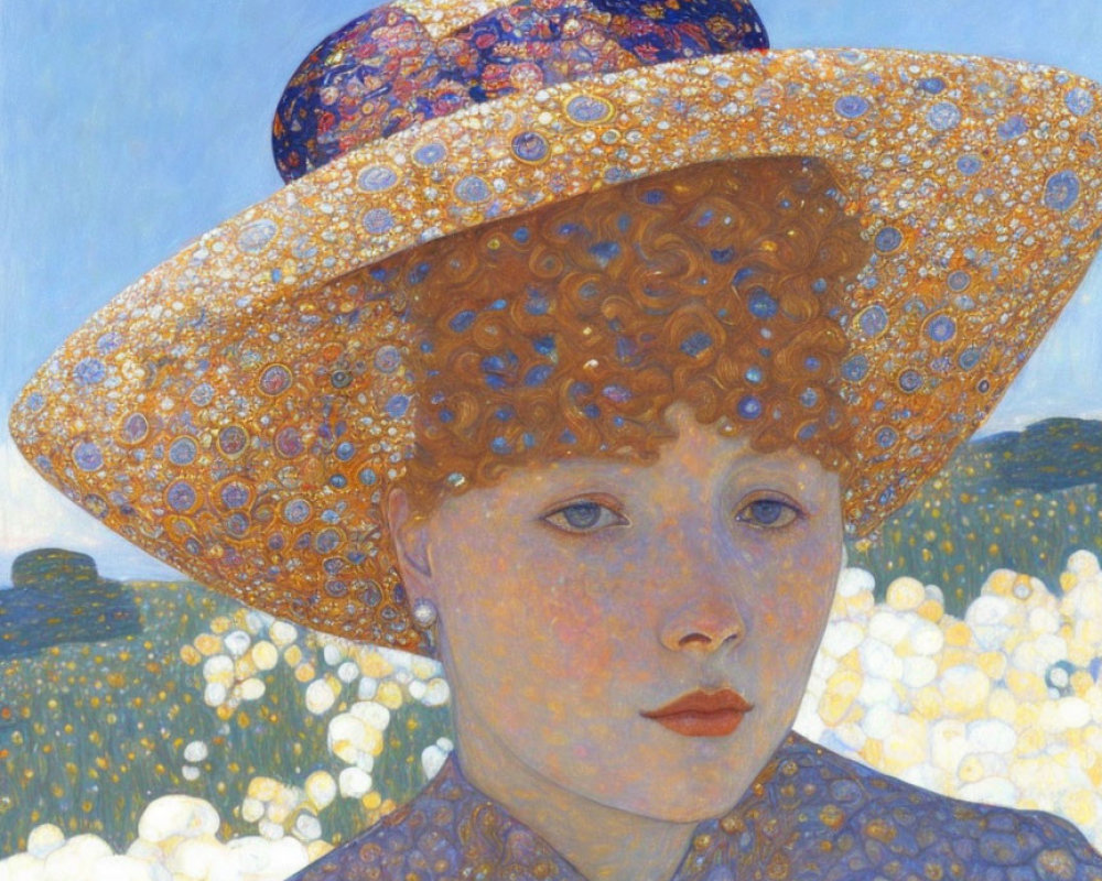 Portrait of Woman with Alabaster Skin and Reddish Hair in Wide-Brimmed Hat with Golden