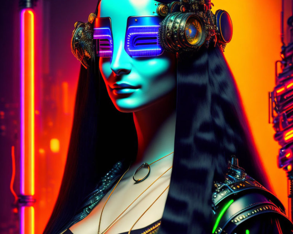 Female cyborg with neon-blue visor and headphones in cyberpunk setting