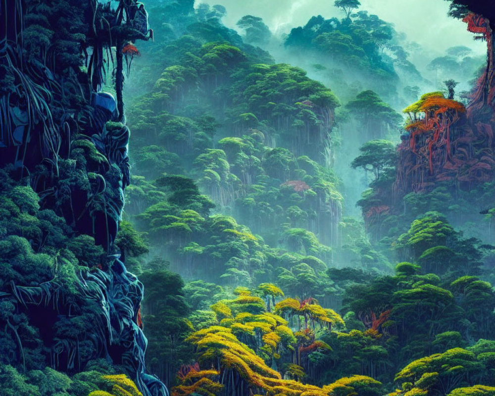 Lush Green Jungle with Towering Trees and Misty Atmosphere