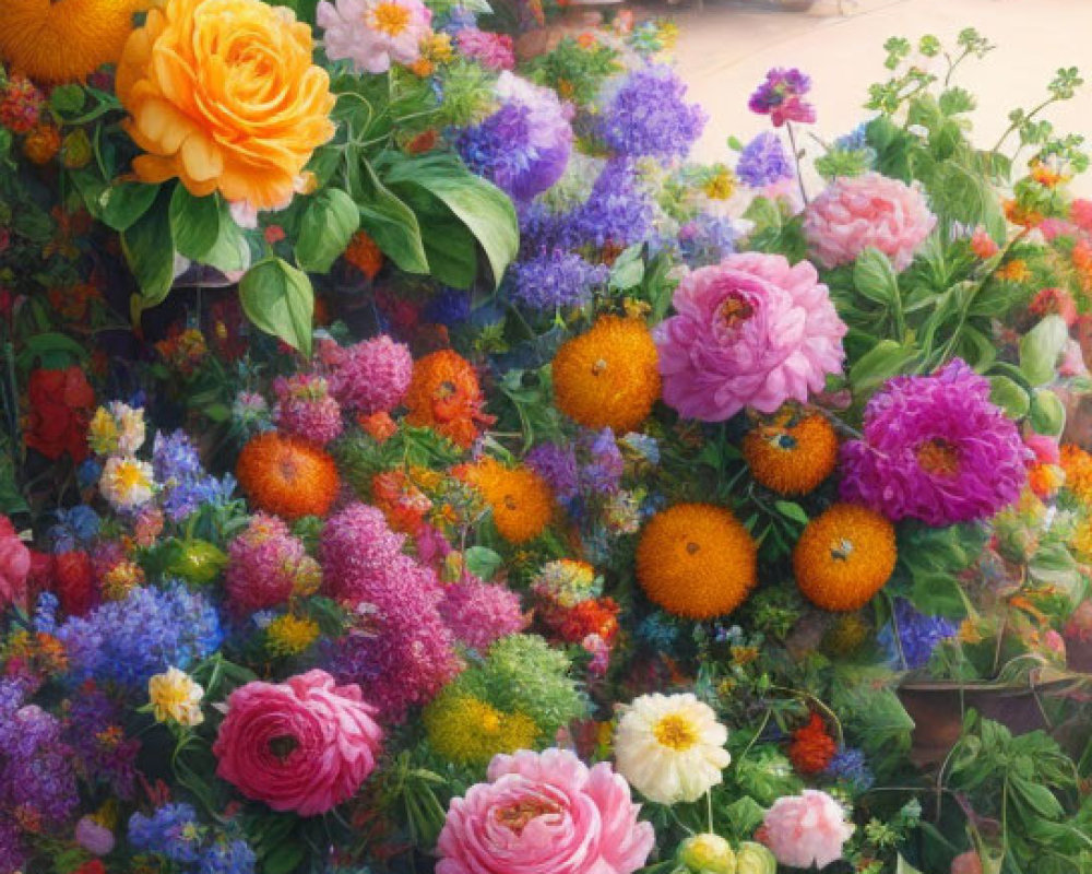 Colorful Floral Display with Abundant Flowers and Hanging Plants