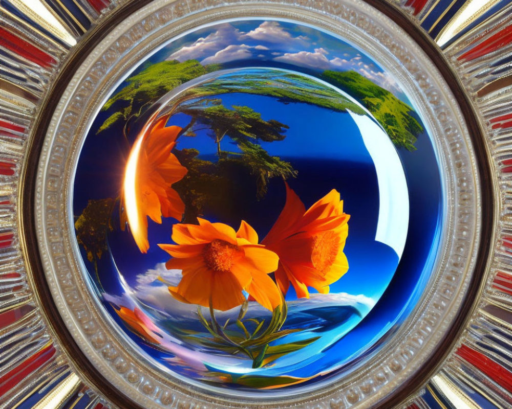 Digital artwork of orange flowers and greenery in cosmic globe under ornate oval frame