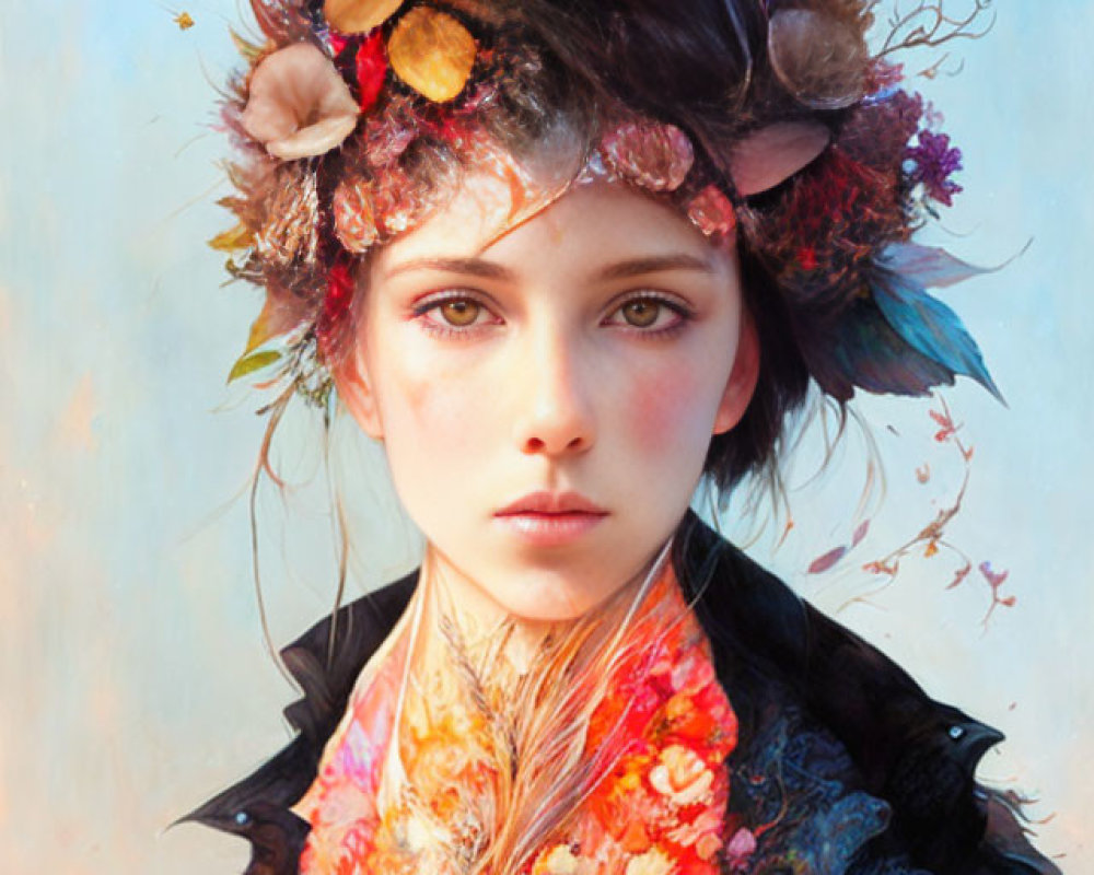 Digital portrait of woman with autumn floral headpiece and vibrant flowers on collar.