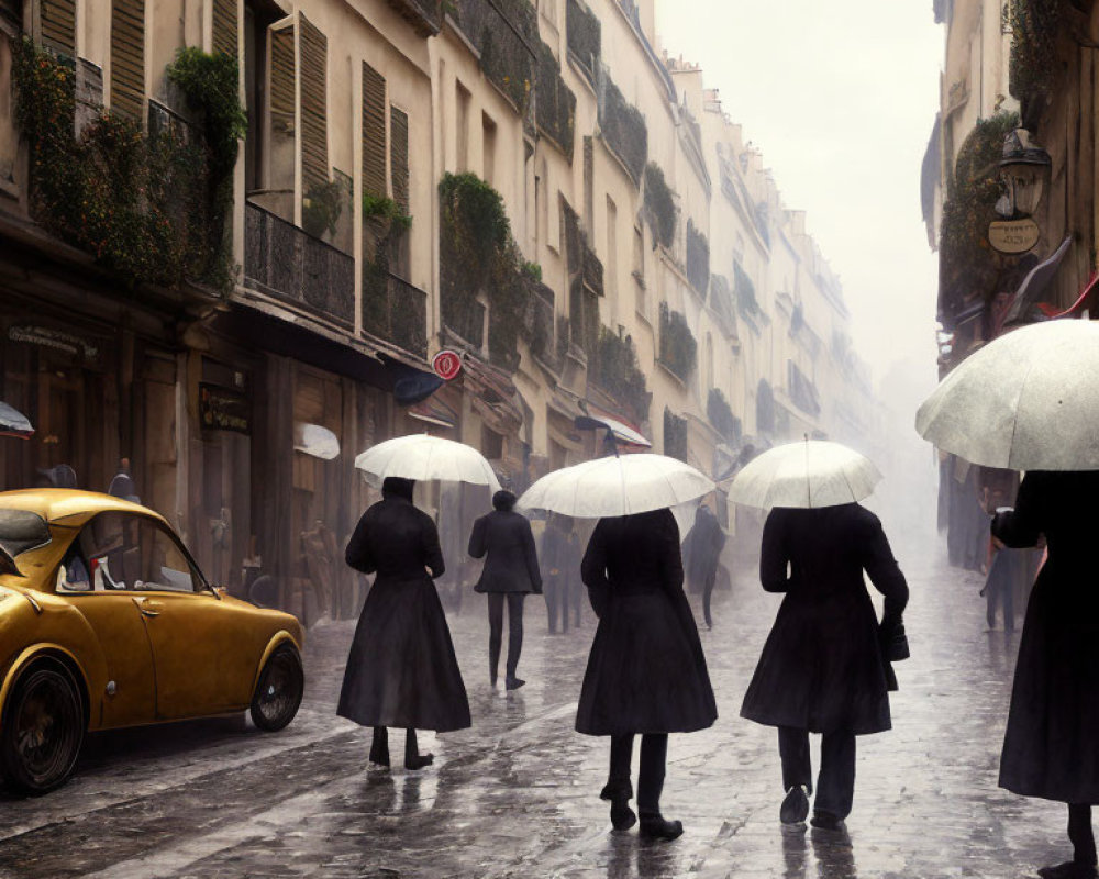 Four individuals with white umbrellas walking on wet street in old city with classic yellow car and misty