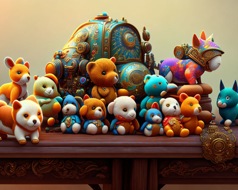 Colorful Animal Figurines and Ornate Egg Displayed on Wooden Surface