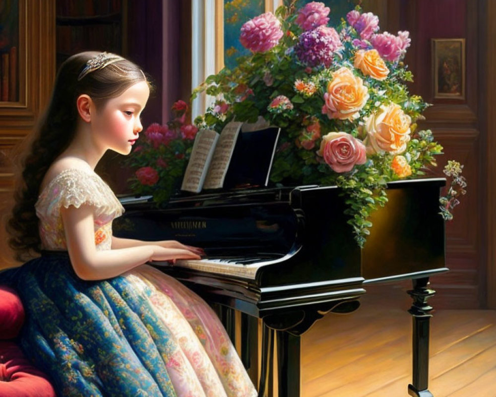 Young girl playing grand piano in sunlit room with tiara and flowers