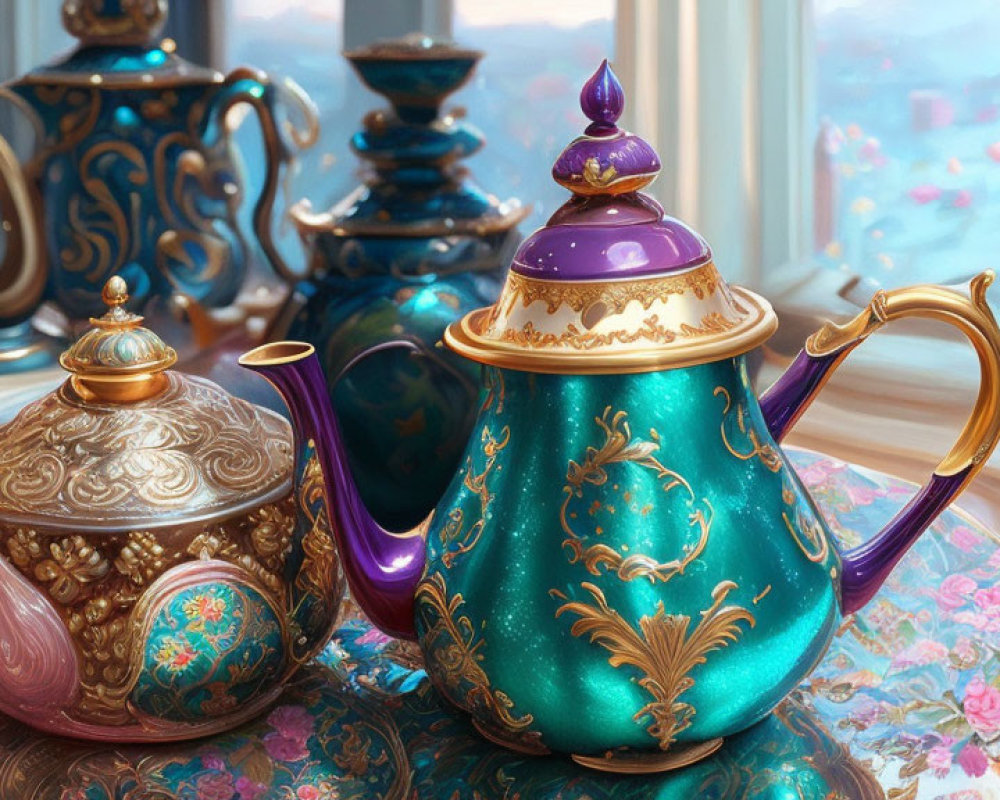 Elegant teapots with gold accents by city skyline window