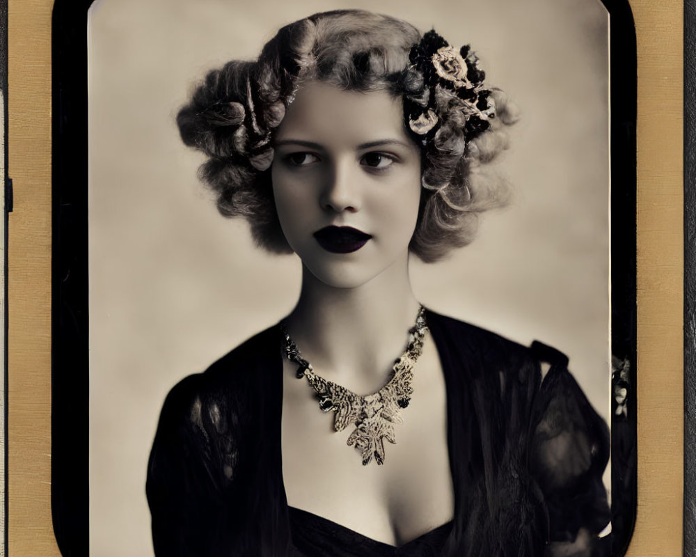 Portrait of woman with flower-adorned hair and ornate necklace in vintage style